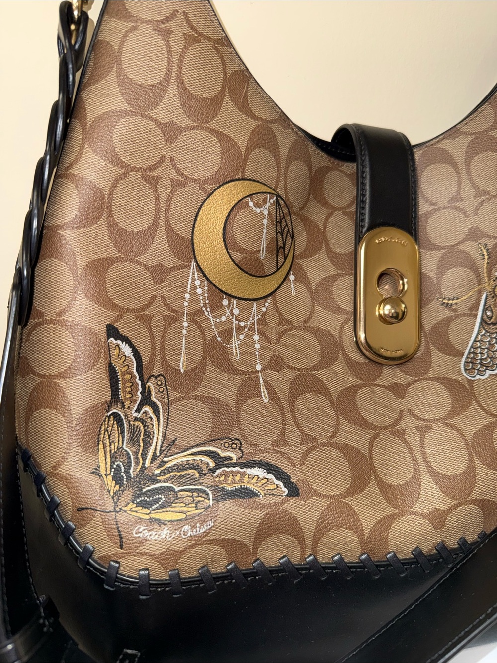 Coach Chelsea Champlain Amber Hobo Shoulder Bag Signature C & Black Leather Trim - Picture 14 of 16